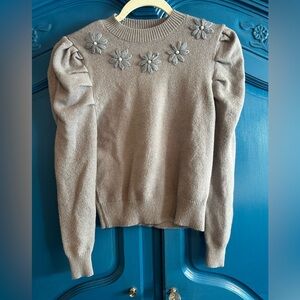 Nanette Lepore Taupe Sweater with Floral Accents